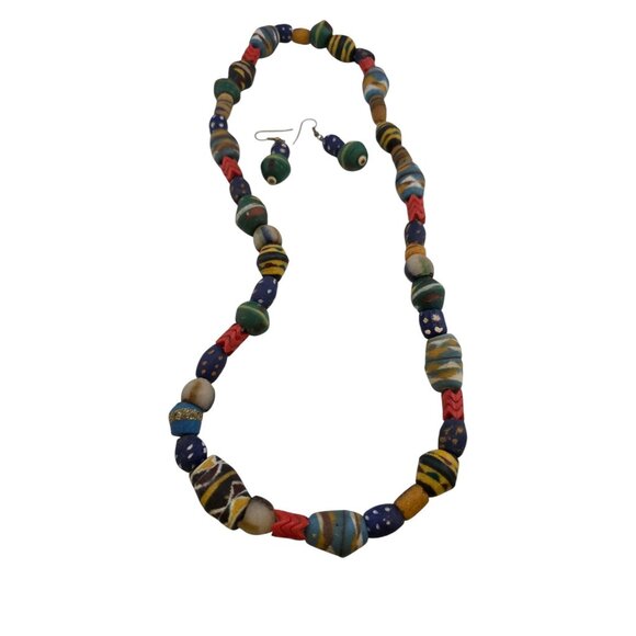 Vintage Heavy Clay & Glass Tribal Necklace w/ Earrings Set (A8240) - Picture 1 of 3